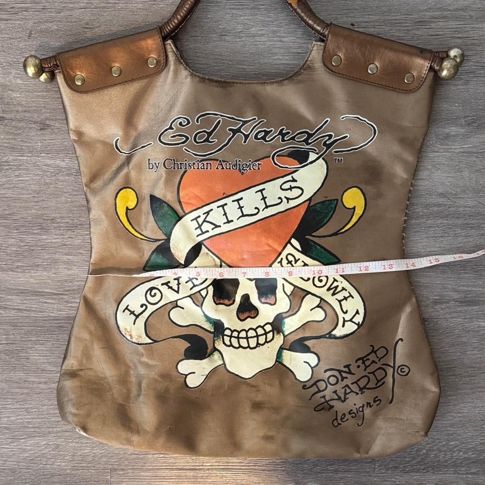 Ed Hardy Bronze Tote with Skull and Heart Design - Picture 8 of 12